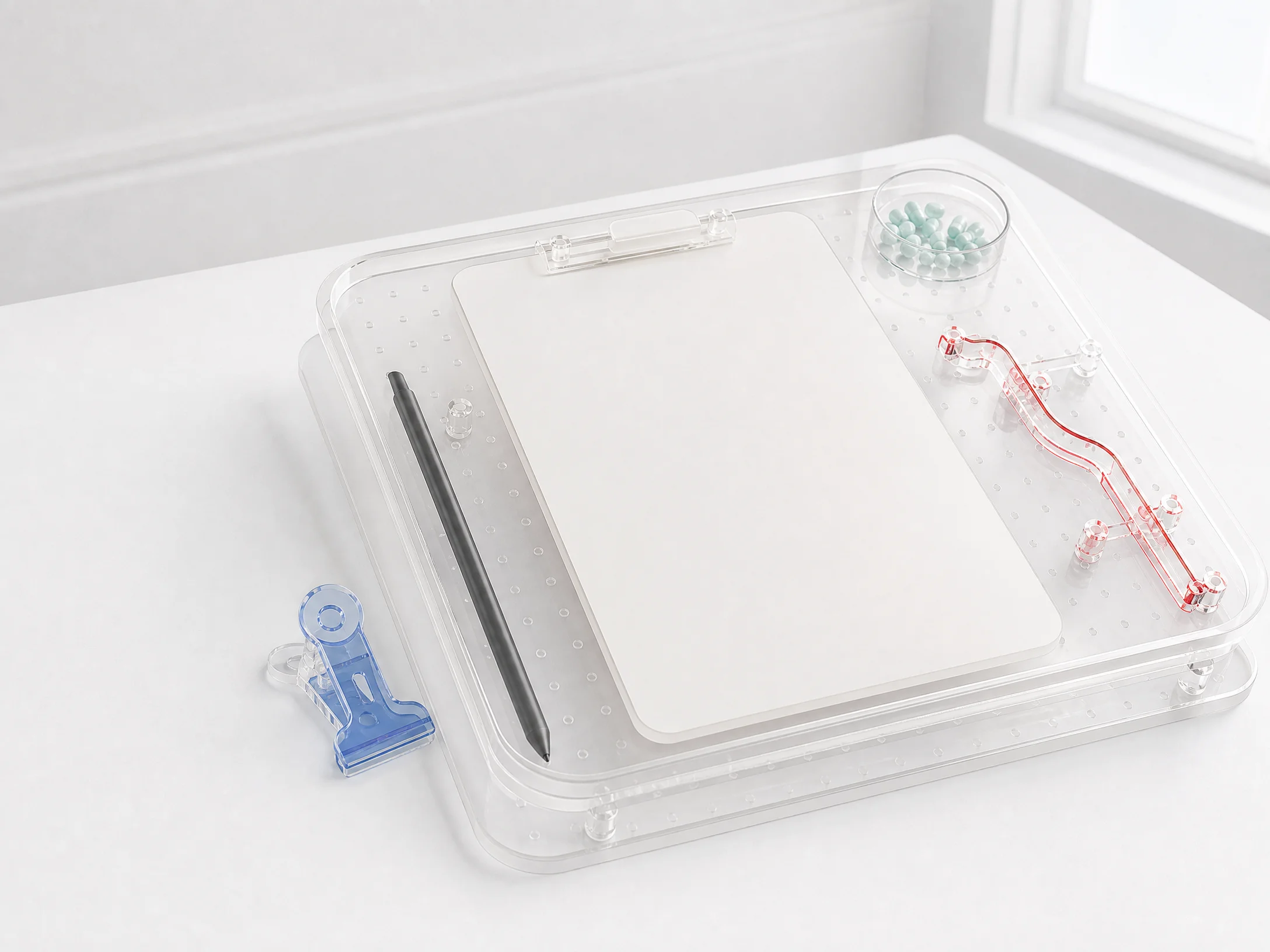 Clear enrolment tray with technical writing tools and a red request path
