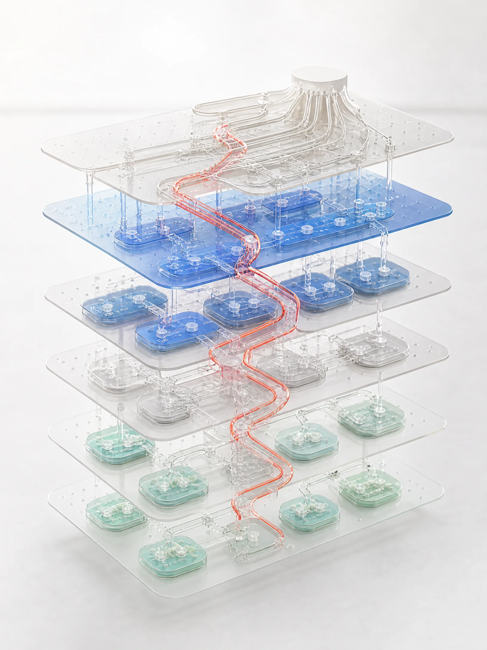 Exploded transparent software architecture showing a red request path through six layers