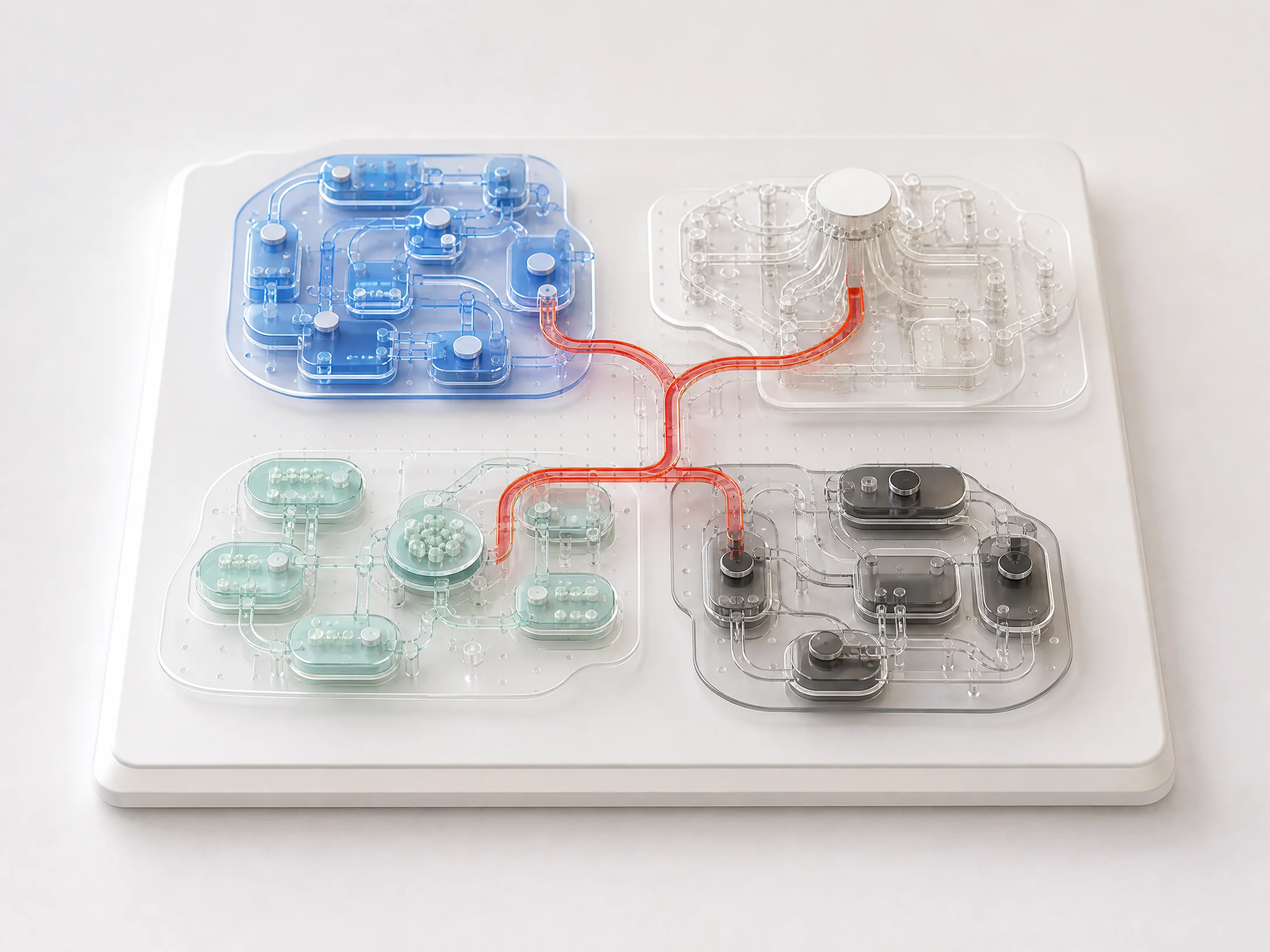 Four transparent software subsystems connected by a red request path