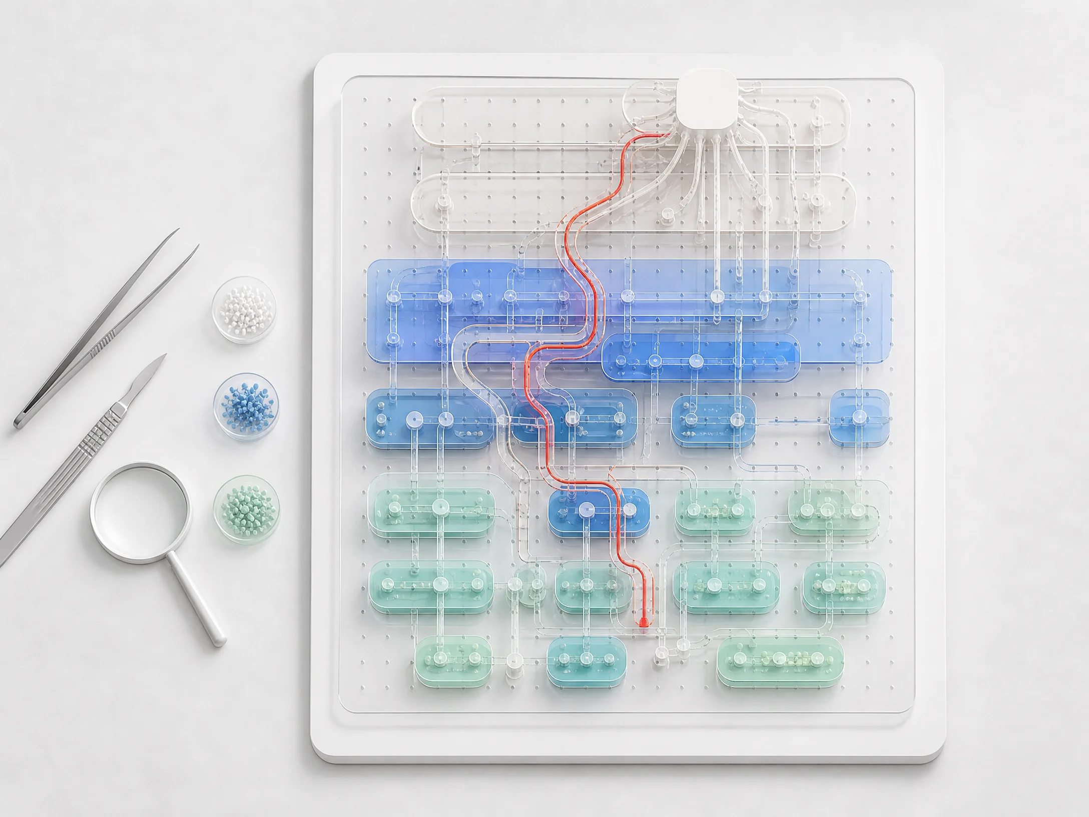 Transparent baseline software specimen with blue and mint modules